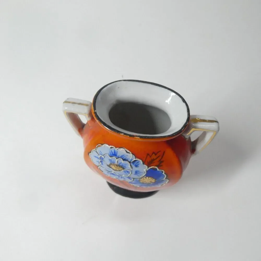 Orange Vase Blue Flowers Art Deco Japan Vintage Porcelain 3.75